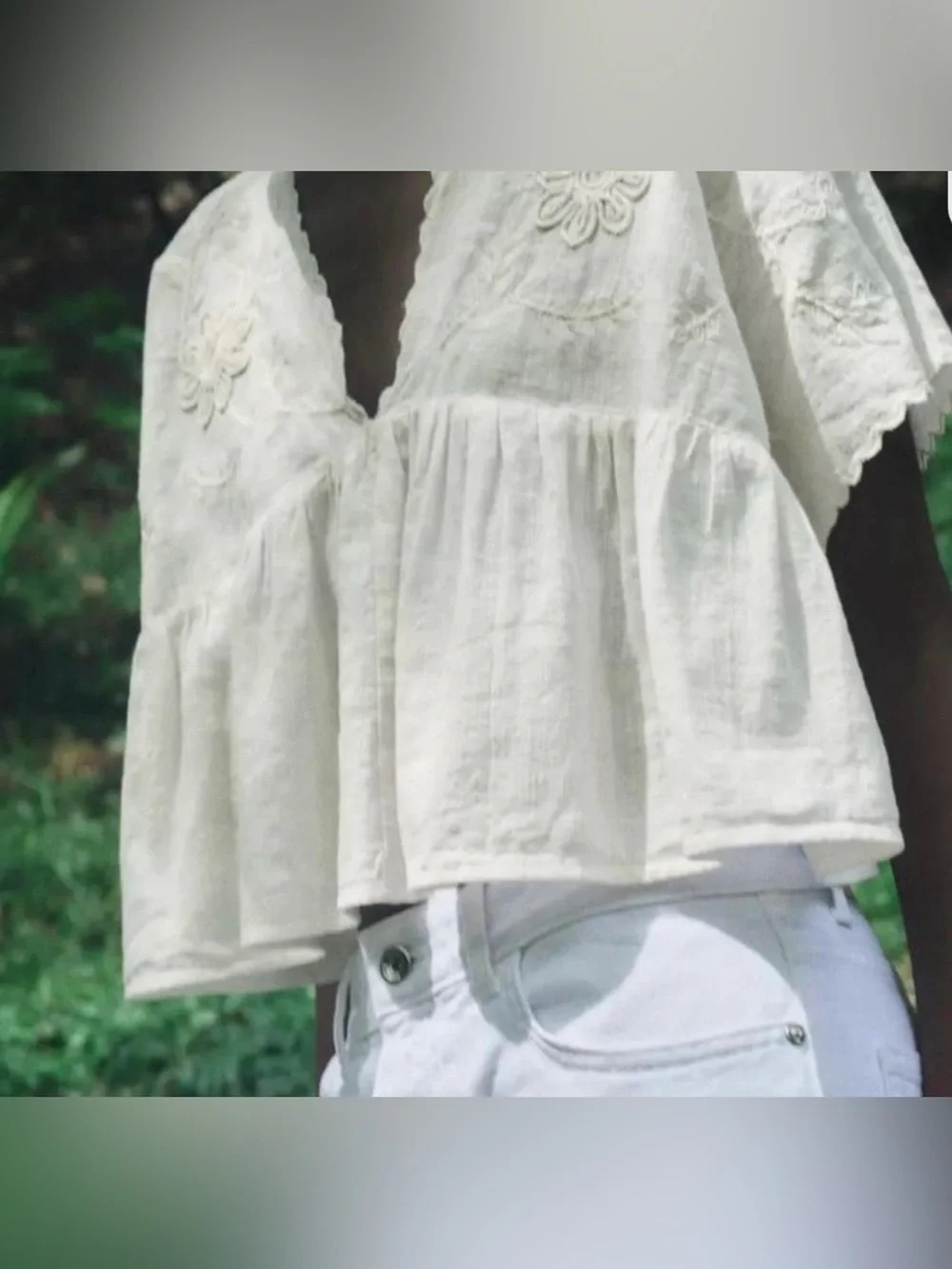 Zara Linen Embroidered V-Neck Peasant Blouse - Cream